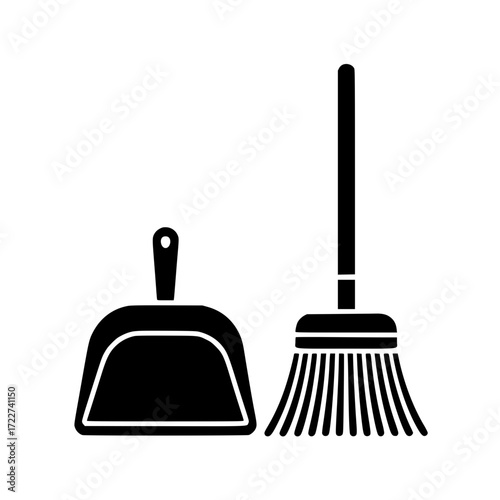 Minimalistic black silhouette of broom and dustpan