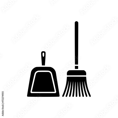 Minimalistic black silhouette of broom and dustpan