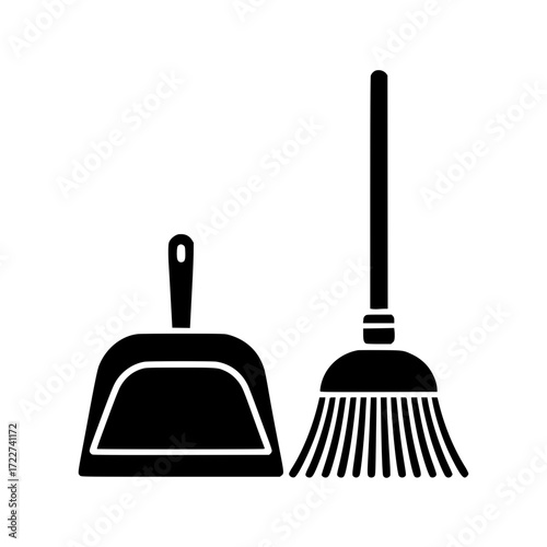 Minimalistic black silhouette of broom and dustpan