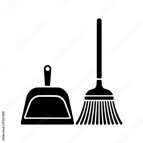 Minimalistic black silhouette of broom and dustpan