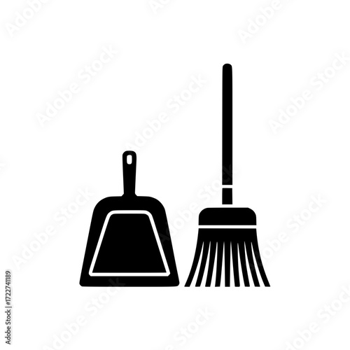 Minimalistic black silhouette of broom and dustpan