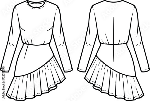 Fashionable long sleeve dress design sketch, trendy asymmetrical ruffle hem outfit illustration, elegant female garment template for designers