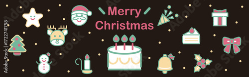 クリスマスと冬のアイコンバナー　サンタ　トナカイ　雪　プレゼント