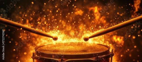 Fiery Drum Solo: Drumsticks ablaze, sparks fly, intense fire backdrop, dynamic composition, powerful energy.