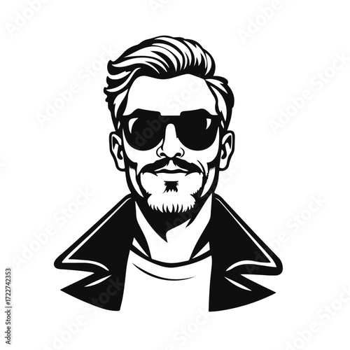 Man portrait illustration, stylish male character, cool guy design, hipster fashion artwork, modern hairstyle symbol with sunglasses