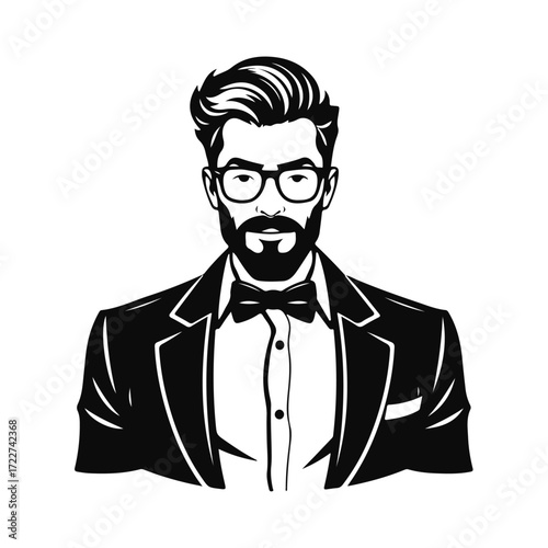 Man portrait illustration, stylish male character, cool guy design, hipster fashion artwork