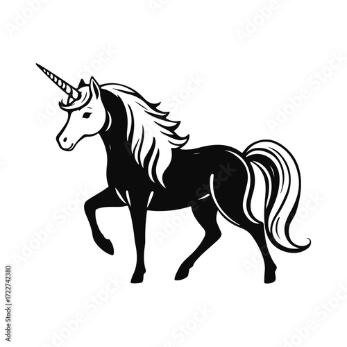 Unicorn silhouette illustration, magical fantasy horse design, mythical creature artwork, fairytale pony symbol, children character drawing