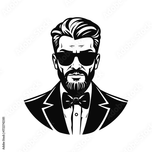 Man portrait illustration, stylish male character, cool guy design, hipster fashion artwork, modern hairstyle symbol with sunglasses