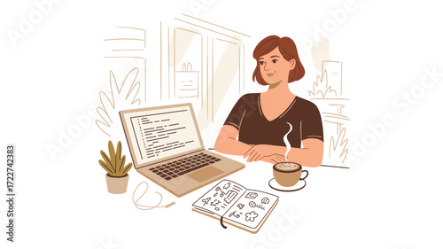 Woman Working From Home on Laptop with Coffee and Sketchbook, Casual Style, Brown Palette,  Illustration