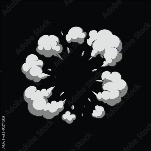 Cartoon explosion boom. Smoke cloud. Abstract smoky silhouette from gas, dust, fume, ash. Curvy steam puff after outburst. Explosion, crash, exhaust, vapor effect