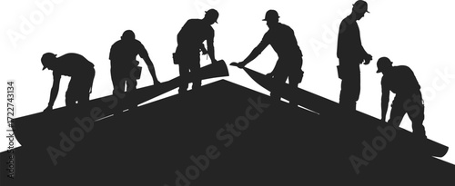 silhouette construction workers installing roof sheets teamwork roofing labor building house repair contractor carpenter teamwork industrial job architecture renovation black white illustration