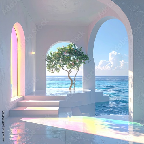 Pastel beach house with a small tree