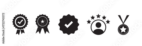 Award Icons Collection - Checkmark Badge, Star Ribbon Seal, Verified Stamp, User Rating with Stars, and Medal Pendant in Black and White Vector Set for Achievement and Recognition Designs
