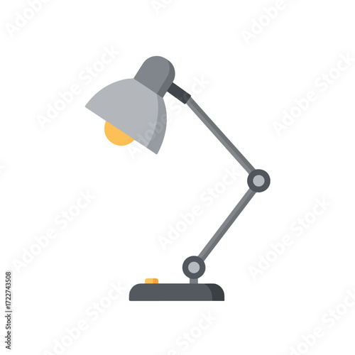 Gray adjustable desk lamp lighting up with a yellow glow. Suitable for office, study, or workrelated designs needing illuminated elements.