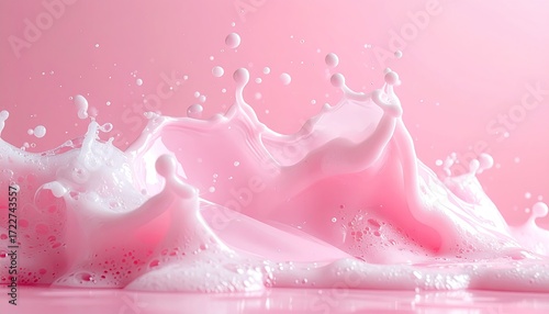 Pink liquid splash, white foam against a soft pink background