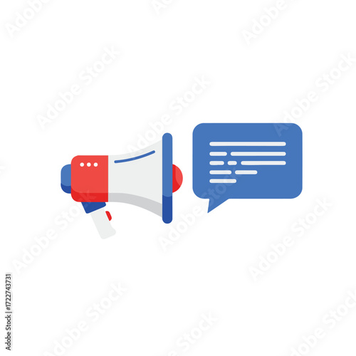 Red, white, and blue megaphone with speech bubble ideal for patriotic announcements, political communications, and voicing opinions effectively.