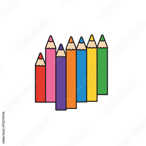 Seven colorful cartoon pencils lined up in a visually pleasing arrangement. Ideal for educational materials, stationery designs, and artsrelated projects.