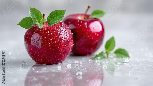 Two Shiny Fresh Red Apples with Water Droplets and Green Leaves on Reflective Gray Surface in Sharp Focus