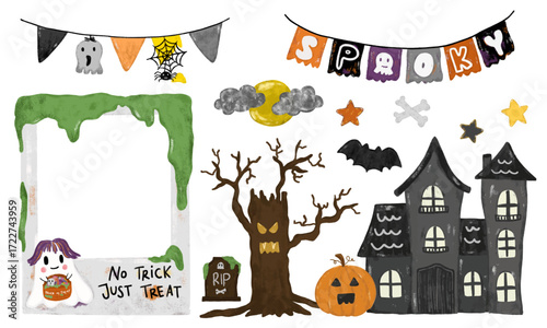 Set of spooky scary watercolour crayon halloween frame trick or treat element design decoration haunted house party theme doodle kids illustration clipart sticker
