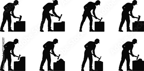 silhouette construction workers hammering on blocks building masonry carpentry labor teamwork tools contractor industrial job architecture repair manual work black white illustration