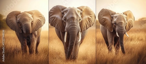 Golden Savanna March: A Majestic Triptych of Three African Elephants