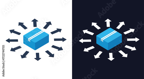 Abstract geometric icon with outward arrows and central blue gemstone design element