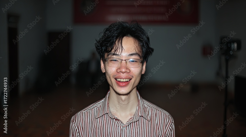 Obraz premium Smiling Young Man in Striped Shirt Indoors