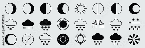 Black Weather and Moon Phase Icon Set,  Minimalist Celestial and Climate Vector Symbols – Sun, Cloud, Rain, Snow, Moon, Stars, and Atmospheric Icons for Digital Design
