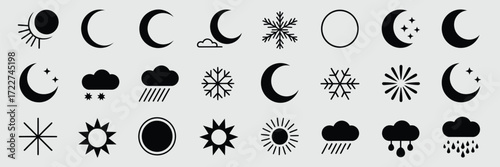 Moon Phase and Weather Icons,  Black Minimalist Vector Set Featuring Celestial Symbols, Clouds, Rain, Snow, Sun, and Stars – Ideal for Digital Design, Apps, and Graphic Projects