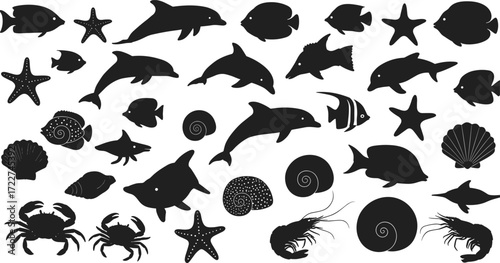 Silhouette vector illustration of marine animals and sea creatures including fish, dolphins, crabs, starfish, shells, ocean wildlife, underwater nature design