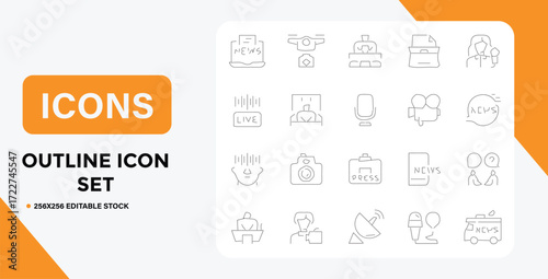 Outline Icon Set Depicting Journalism Broadcasting and News Media Concepts