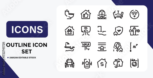 Real Estate and Home Related Outline Icon Set for Web and App Design