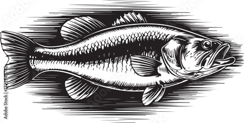Vintage Fish engraving outline vector art illustration design, Fish silhouette, hand drawn, line art fish design