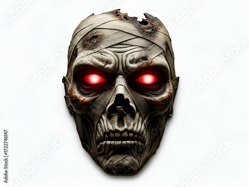 Mummy mask with burnt edges and glowing red eyes on a white background