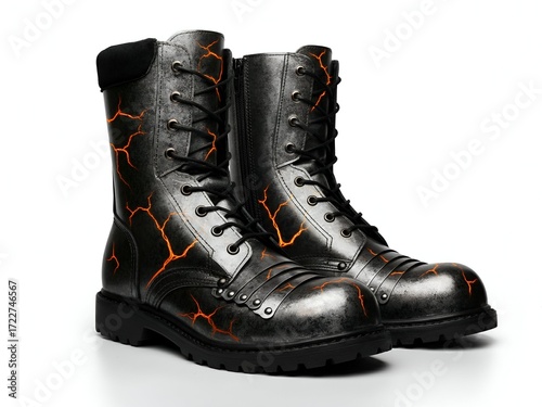 Dynamic armored combat boots with luminous orange crack patterns, glowing faintly against a pristine white background, showcasing a powerful and fierce design aesthetic