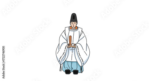 Japanese Shinto priest in traditional attire, ready for a religious ceremony