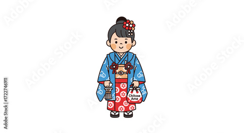 Illustration of a young girl wearing a traditional Japanese kimono. The artwork depicts a charming child dressed in an elaborate kimono, holding a festive bag