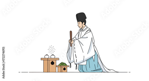 Japanese Shinto Priest Performing Ritual Ceremony with Offerings and Incense in Traditional Attire. Cultural Illustration for Religious Practices