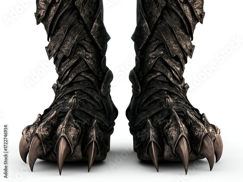 Detailed Pair of Clawed Boots Against White Background Fantasy Armor Footwear Illustration