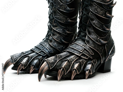 Pair of Metallic Clawed Boots Fantasy Footwear Design, Isolated on White Background