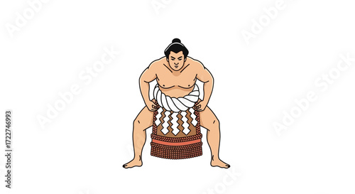 A Sumo wrestler in traditional attire, poised and ready for a match, showcasing the power and strength of Japanese wrestling against a white background