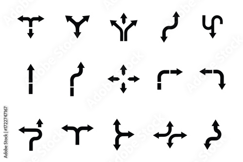 Arrow icon set vector on white background. direction, navigation, sign, symbol, curve, point, choice, way, forward, backward, left, right, up, down, symbol.
