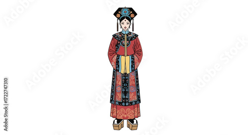 Illustration of a traditional Chinese empress wearing a vibrant, ornate outfit, adorned with a headdress, showcasing cultural attire and historical fashion
