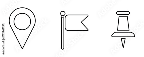 Location pin, flag and push pin icon vector on white background. map, marker, position, place, navigation, symbol, sign, mark, point, symbol.