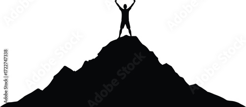 Silhouette of victorious person standing on top of mountain peak with raised arms, symbolizing success, achievement, leadership, motivation, determination, freedom