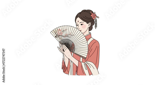 Graceful Illustration of a Woman in Traditional Chinese Attire, Holding a Fan Capturing the Elegance, Culture, and Charm of Ancient China with a Focus on Classic Beauty