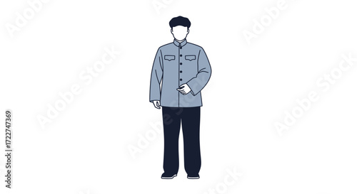 Illustration of a person in a traditional Chinese attire, standing with one hand in his pocket. The outfit is a light blue shirt with dark blue trousers