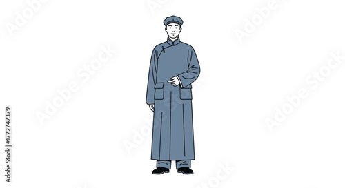 Illustration of a man in a traditional blue Chinese tunic suit with a matching cap, standing against a white background, representing cultural attire and historical clothing