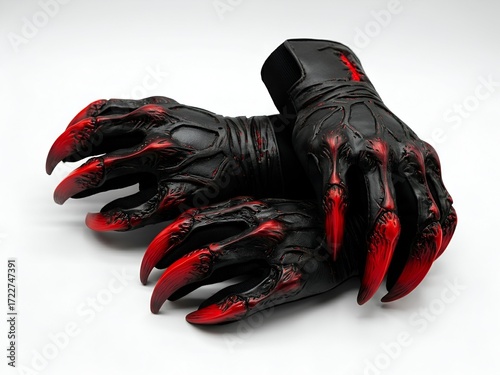 Pair of sinister demon claw gloves with glowing red highlights isolated on white background for costumes