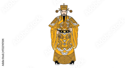 Illustration of a traditional Chinese emperor in elaborate gold robes, symbolizing power and authority. Depicted with a long beard and headdress, signifying wisdom and governance